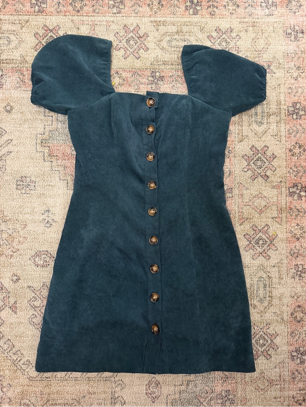 Cali Blue Puff Sleeve Button-Front Mini Dress in Teal